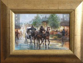 Nokturn, cab, rain, horse, street. oil 30x20cm